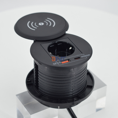 Mobiliário de escritório carregador sem fio QI redondo com tomada de energia UE e usb a + c para estação de carregamento de sofá-cafe