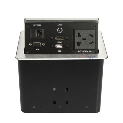 Mesa de conferências de liga de alumínio prateado, tomadas pop-up com 2 USB, 2 redes.