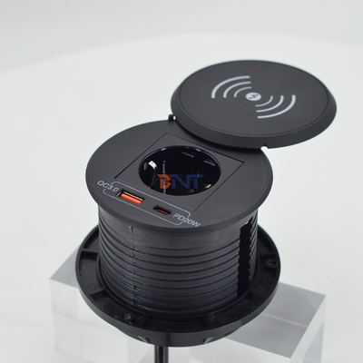 Mobiliário de escritório carregador sem fio QI redondo com tomada de energia UE e usb a + c para estação de carregamento de sofá-cafe