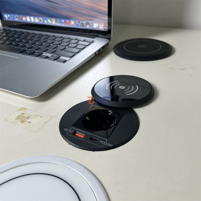 Mobiliário de escritório carregador sem fio QI redondo com tomada de energia UE e usb a + c para estação de carregamento de sofá-cafe