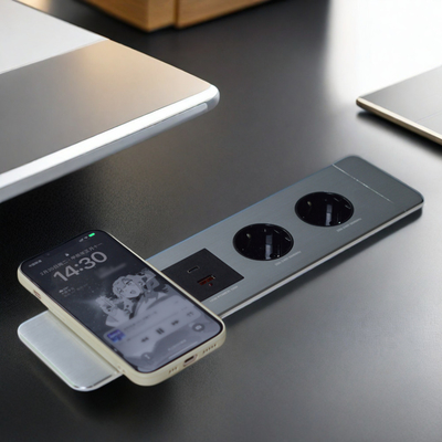 Uma tomada de energia UE com portas USB A + C e carregador sem fio