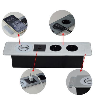 Uma tomada de energia UE com portas USB A + C e carregador sem fio