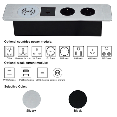 Uma tomada de energia UE com portas USB A + C e carregador sem fio