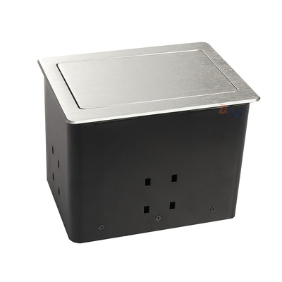 Mesa de conferências de liga de alumínio prateado, tomadas pop-up com 2 USB, 2 redes.