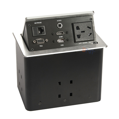 Mesa de conferências de liga de alumínio prateado, tomadas pop-up com 2 USB, 2 redes.