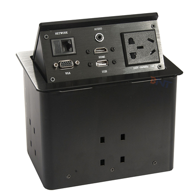 Mesa de conferências de liga de alumínio prateado, tomadas pop-up com 2 USB, 2 redes.