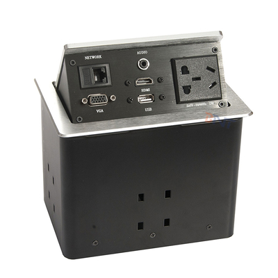 Mesa de conferências de liga de alumínio prateado, tomadas pop-up com 2 USB, 2 redes.