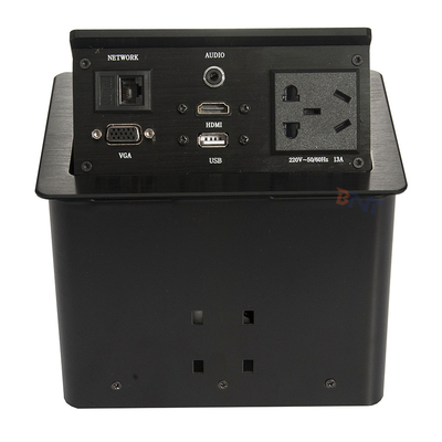 Mesa de conferências de liga de alumínio prateado, tomadas pop-up com 2 USB, 2 redes.