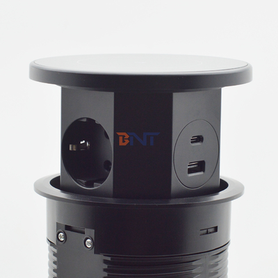 OEM/ODM Smart Pop-Up Power Outlet Alumínio Soquete de mesa com 3 tomadas AC & 2 portas USB Padrão IP44 para carregamento