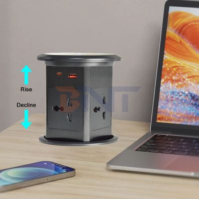 Novo suporte de elevação pneumática soquete emergente EUA Reino Unido Universal Quatro Monte de superfície Soquete de escritório superior com 15W de carregamento sem fio Soquete emergente