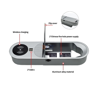 Tomada de energia de mesa com saídas de carregamento 2AC e 2USB A multifuncional com carregador sem fio