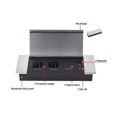 Tomada de mesa com design Flip oculto com 2 tomadas EUAC USB A+C HDMI Rede