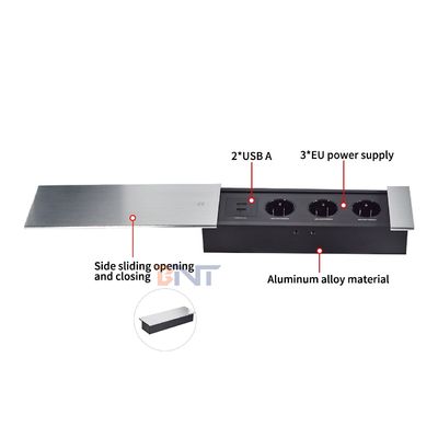Tomada elétrica de mesa Euro com design deslizante e abertura, com 3 tomadas AC, 16A, padrão de ficha EU