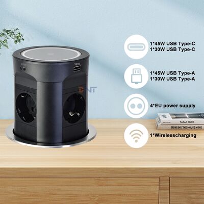 BNT Tabletop Office Commercial Use 4 AC Power Pneumatic Pop-Up Desktop Socket Kitchen Socket with Dual USB A+C Port PD45W Charge