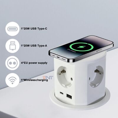BNT Mesa de escritório Uso comercial IP44 4 tomadas de energia AC 16A ABS Pneumática Pop Socket USB A + C Portos PD20W Carregamento