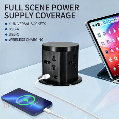 Tomada Pop-up com Recorte de 85mm 4 Tomadas AC Universais Portas USB A e Tipo C 16A Acabamento Escovado em PC 1.5m de Cabo
