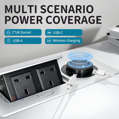 Tomada de Energia Pop-up de Venda Quente Unidade de Distribuição de Energia de Mesa com Carregamento Sem Fio Duplo Padrão UK 15W para Conveniência de Mesa