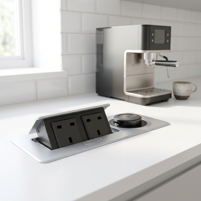 Tomada de Energia Pop-up de Venda Quente Unidade de Distribuição de Energia de Mesa com Carregamento Sem Fio Duplo Padrão UK 15W para Conveniência de Mesa